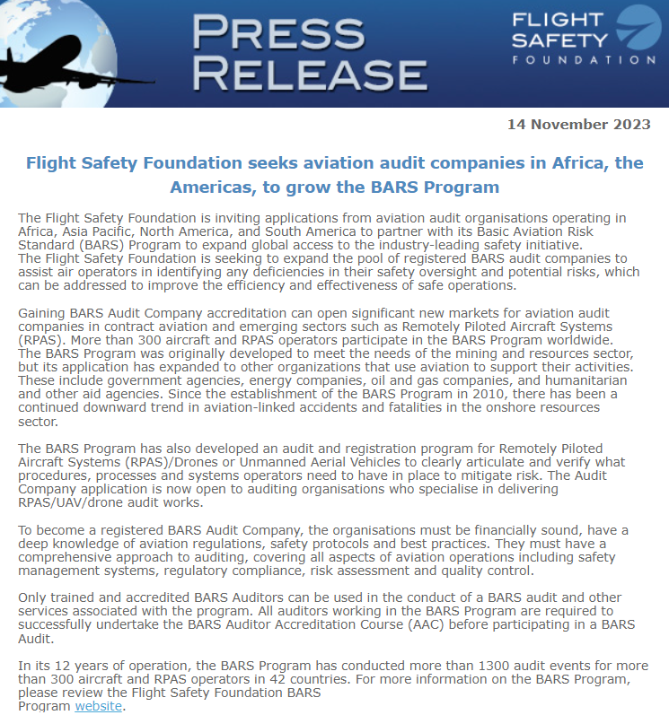 BARS Press Release – FSF Seeks Aviation Auditors in Africa, Americas, to grow the BARS Program