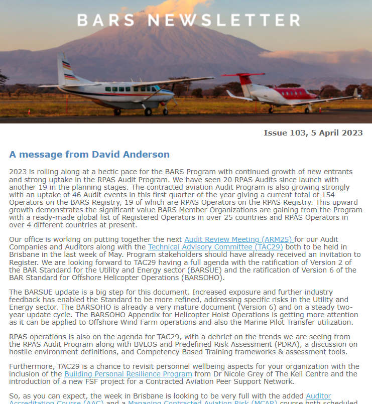 BARS Newsletter – Events, Training and Accident Summaries