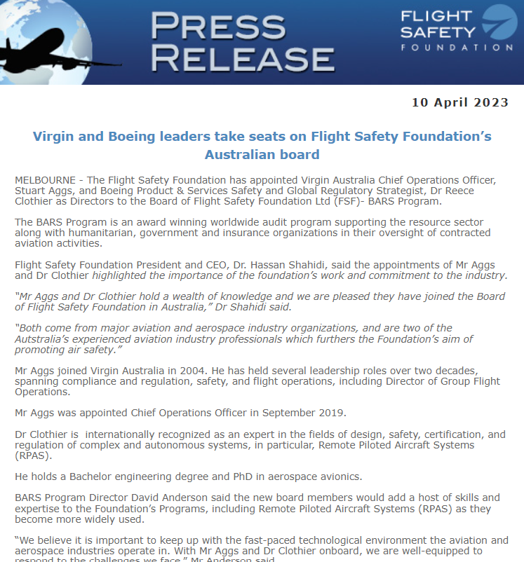 BARS Press Release – Virgin and Boeing Leaders Take Seats on Flight Safety Foundation’s Board