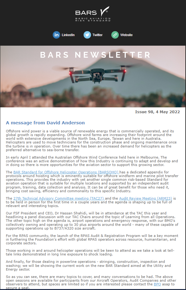 BARS Newsletter – Offshore Wind Farms & topics for the TAC27, ARM23