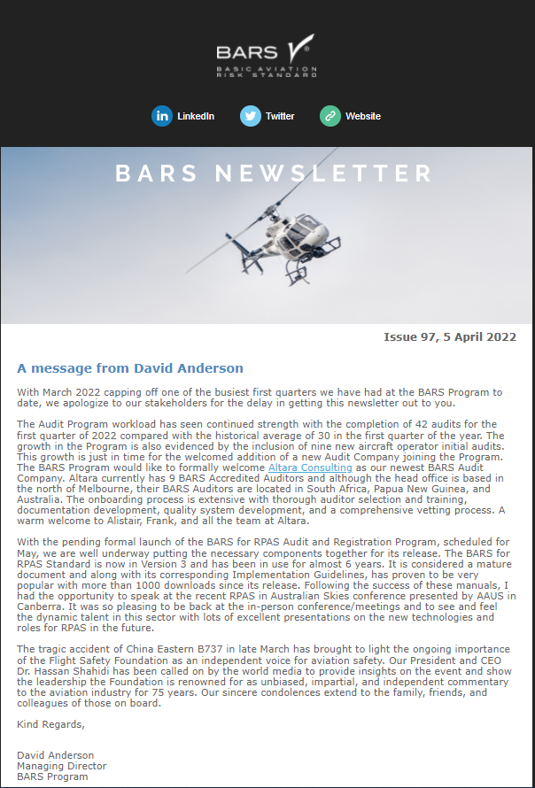 BARS Newsletter – More Audits, in-person presentations and more Gold Aircraft